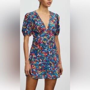 STAUD Milla Rainbow Flower Market Print Mini Dress V Neck Puff Sleeves Size 10